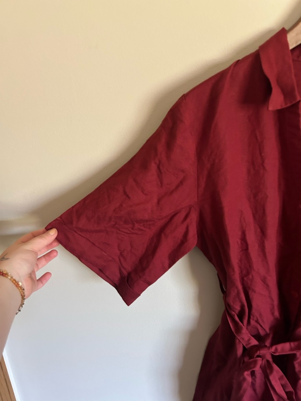 Angel | Red Linen Blend Button Down Belted Collared Dress - Picture 4 of 5